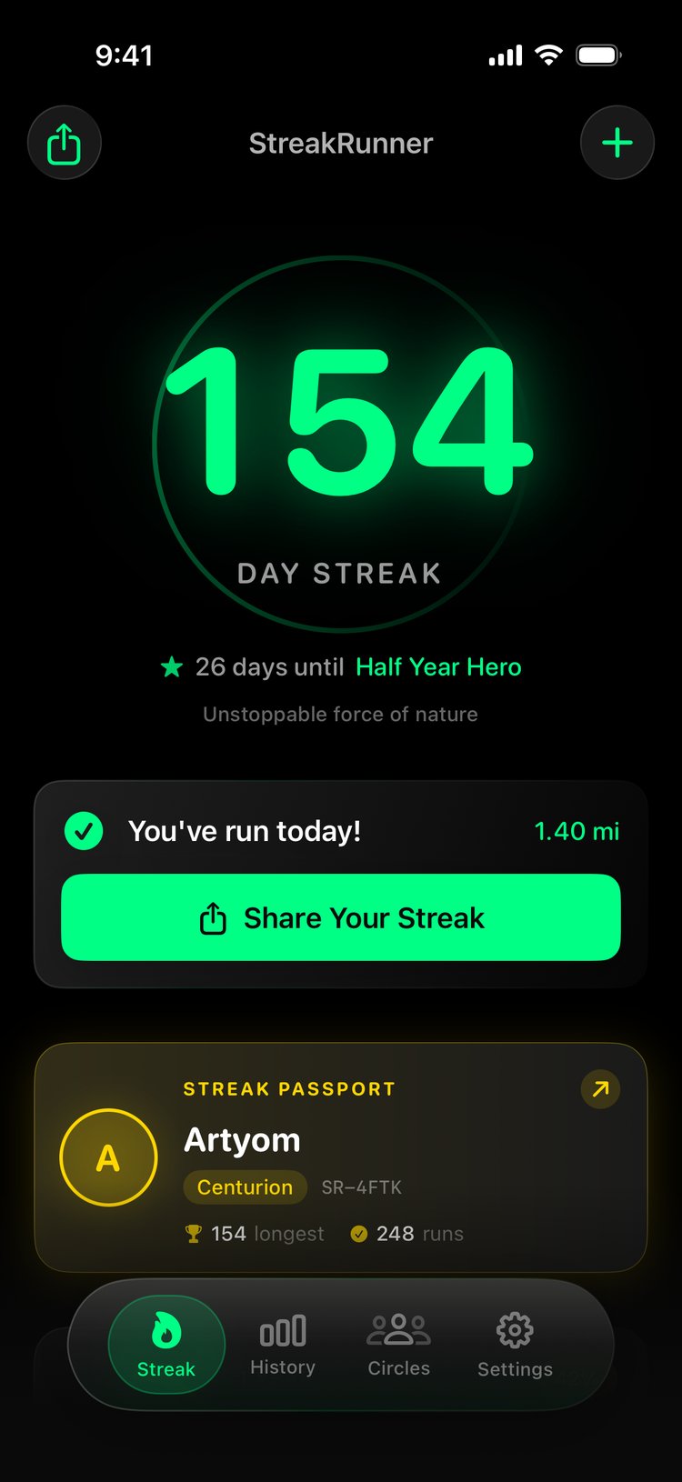 Streak Runner iPhone app — 154-day running streak with Streak Passport